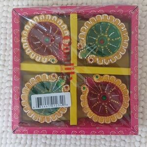 3for$15☘️ 3"×1" Colorful Decorative Diya Set Of 4 Hand Painted Clay Oil Lamp